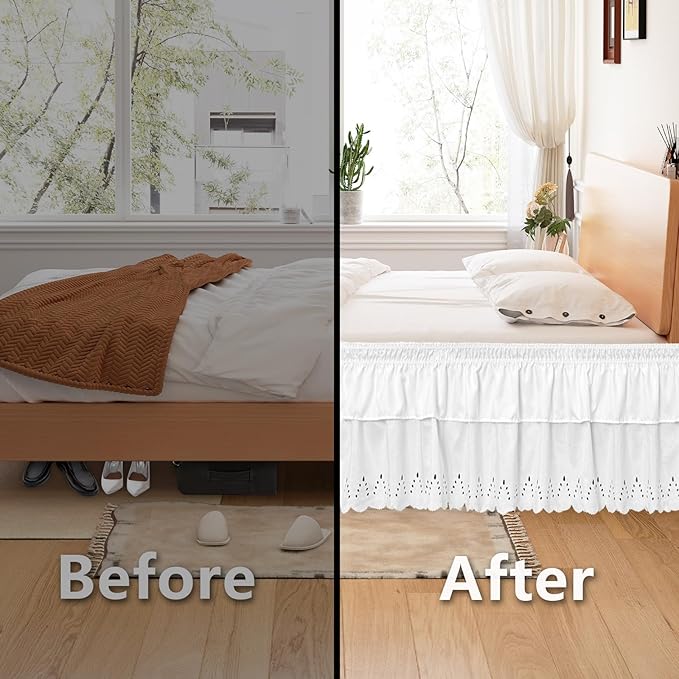 Queen Bed Skirt, Double-Layered Ruffled Eyelet Bed Skirt, Wrap-Around Elastic Dust Ruffle Queen Size with Gathered Styling and Embroidered Details, 14" Drop Length (White)