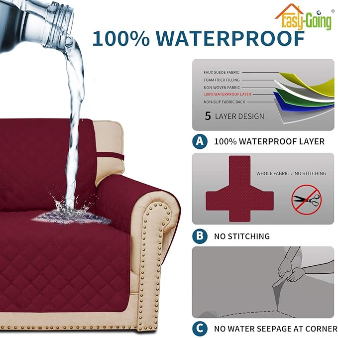Easy-Going Sofa Slipcover Chair Cover Waterproof Couch Cover Washable Sofa Cover Non-Slip Fabric Furniture Protector with Pocket for Pets Covers Pets Kids Children Dog Cat (Chair, Wine)