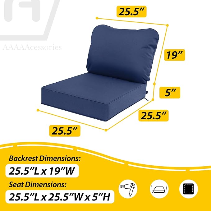 AAAAAcessories Outdoor Deep Seat Cushions, Waterproof, Fade-Resistant Patio Furniture Replacement Cushions, 25.5" x 25.5" x 5" + 25.5" x 19", Set of 2, Navy Blue