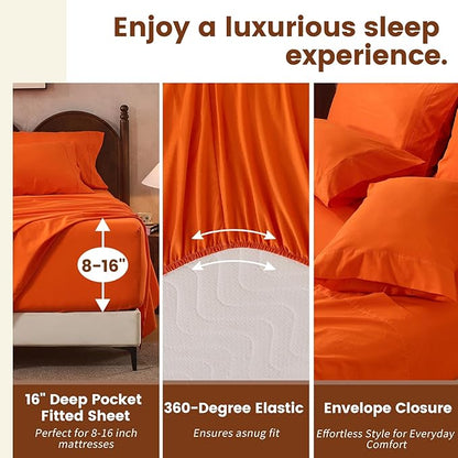 100% Linen Sheets Queen Size,Breathable & Durable 4-Piece Bed Flax Sheet Set,Soft All-Season Bedding for Hot Sleepers 16" Deep Pocket Oeko-TEX Certified,（Queen, Orange）