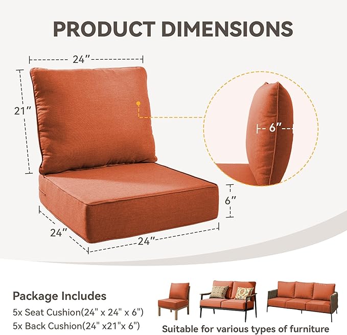 Outdoor Cushion Set for Furniture Patio Furniture, UV Resistant, Water Resistant - 6 Inch Thick Foam Garden Cushions– 24x24 Inch Patio Seat Covers for Chair/Sofa/Couch | Orange | 5-Pack |
