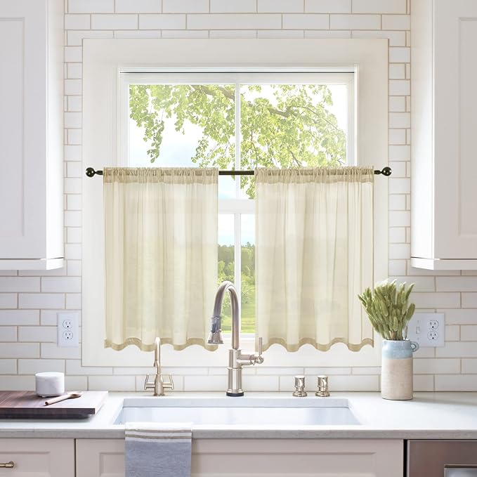 MIULEE 2 Panels Kitchen Tiers Half Window Sheer Curtains Rod Pocket Translucent Voile Drape for Kitchen Bathroom Small Windows 29 by 36 Inch Beige