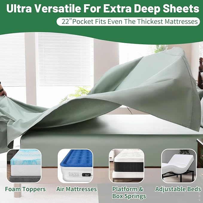 Extra Deep Pocket Queen Sheets 18-24 Inch 100% Egyptian Cotton 1000 Thread Count Sateen Weave Soft Breathable 4 Pieces（Queen,Sage Green）