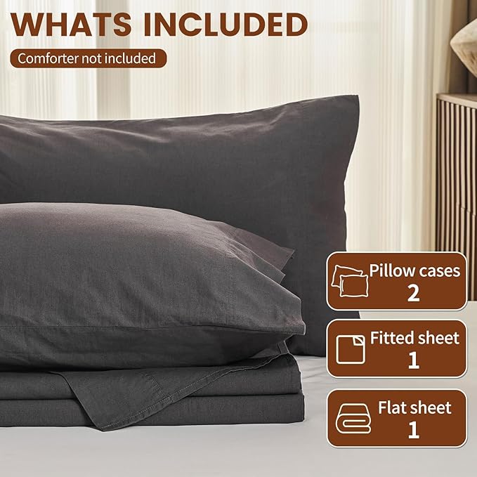 100% Linen Sheets King Size,Breathable & Durable 4-Piece Bed Flax Sheet Set,Soft All-Season Bedding for Hot Sleepers 16" Deep Pocket Oeko-TEX Certified,（King, Dark Grey）
