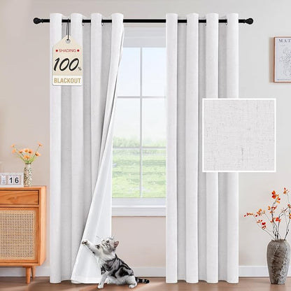 PrinceDeco 100% Blackout Curtains Nature Linen Blended 84 Inch Long Room Darkening Solid Black Out Curtains for Living Room Thermal Insulated Nickel Grommet 2 Panels Set - Heathered White