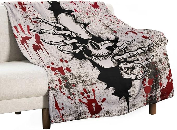 Horror Skull Throw Blanket, Halloween Day of The Dead Vintage Gothic Scary Blood Hand Soft Warm Fleece Blanket for Bed Couch Living Room All Season, 40"x50"