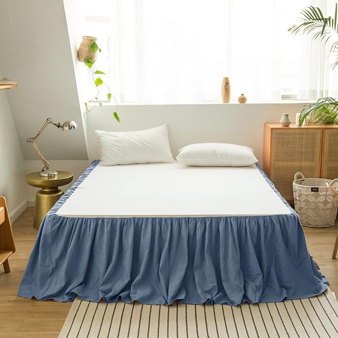 BISELINA French Linen Bed Skirt with Pleated Frills 22-Inch Tailored Drop Natural Flax Cotton Blend Dust Ruffle Soft Cozy Farmhouse Bedding (22" Queen, Navy Blue)
