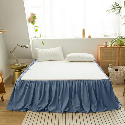 BISELINA French Linen Bed Skirt with Pleated Frills 22-Inch Tailored Drop Natural Flax Cotton Blend Dust Ruffle Soft Cozy Farmhouse Bedding (22" Queen, Navy Blue)