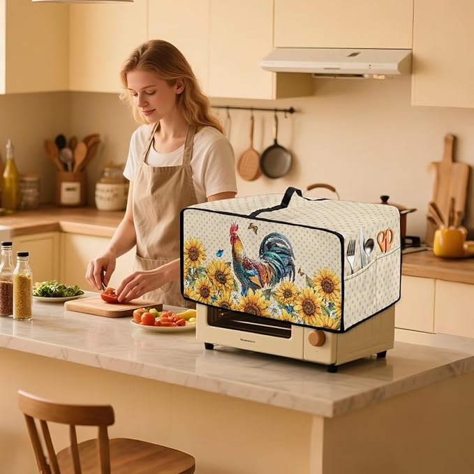 Microwave Oven Dust Cover Waterproof Dustproof Microwave Toaster Oven Cover Fabric Kitchen Machine Covers for Toaster Oven Air Fryer, Rooster Chicken Sunflower Butterfly Polka Dot Print, S