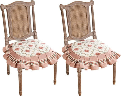 patdrea Pack of 2 Chair Cushions for Dining Chairs with Ruffled, Pink Floral Bird Seat Cushion with Ties,Non Slip Chair Pads Decor for Bar Stool Cushions, Indoor Kitchen Chairs, 17.7"x17.7"