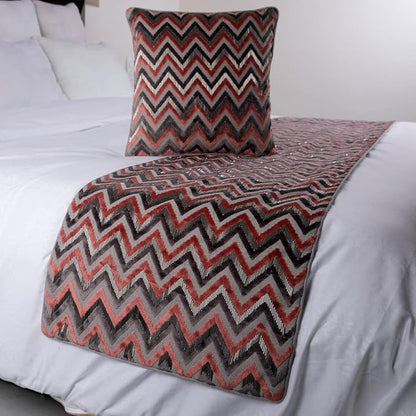 The HomeCentric Grey Bed Runner Without Pillow Cover, CA King Size 86"x18" Decorative Bed Runner, Peach & Grey Velvet Bed Scarf in Bead Embroidery - Blushed Chevron