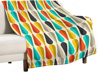 Mid Century Throw Blanket, Modern Drop Shape Retro Colors Boho Orange Teal Black Geometric Pattern Throws Blankets for aby Toddler Dog Cat 60"x80"