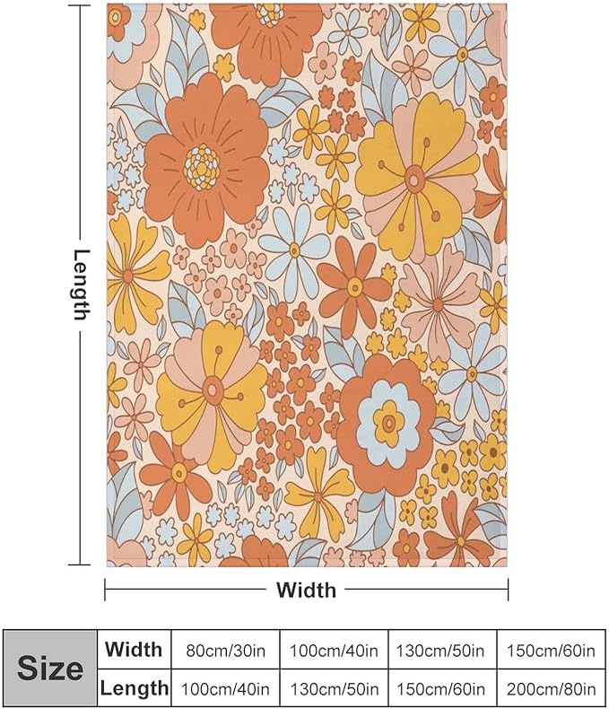 Retro 70s Floral Blanket, Hippie Summer Groovy Flower Power Flower Boho Print Throw Blanket for Couch Sofa Couch Chair 30"x40"