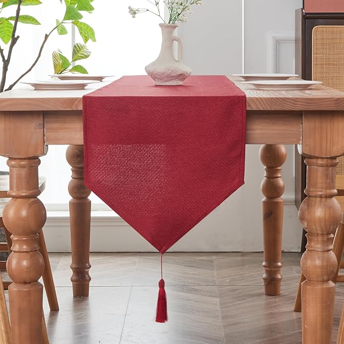 BALCONY & FALCON Table Runner with Tassels Rustic Farmhouse Jacquard Linen Style Water Resistant Washable Runner for Dining Kitchen Party Christmas Everyday Use 14 x 71 inch, Red
