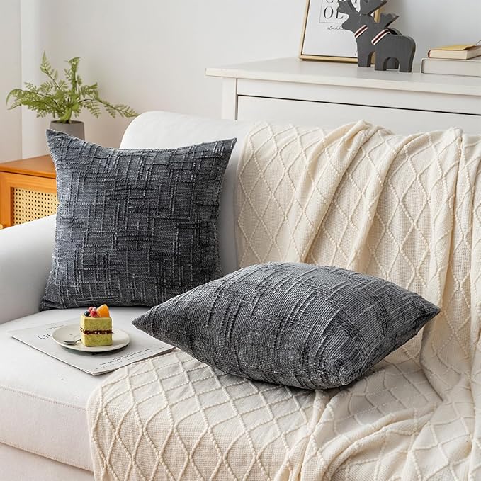 Decorative Throw Pillow Covers 20x20 Inch Set of 2, Soft Solid Farmhouse Chenille Couch Pillows, Spring Pillow Covers for Couch Sofa Bed Living Room Home Decor Pillowcase, Dark Gray
