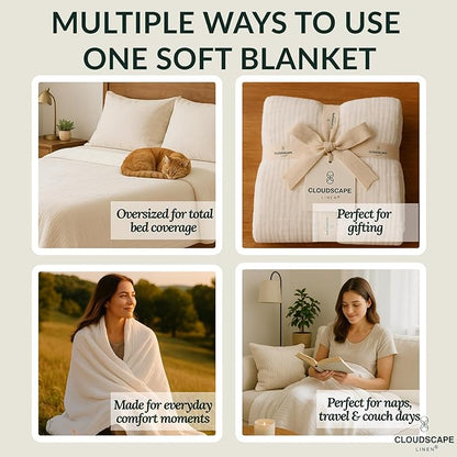 Cloud Scape Linen Oversized 4 Layer Muslin Blanket Queen Size - 100% Cotton, Lightweight & Breathable All Season Gauze, Pre-Washed, fits Full Bed, 92x92, White