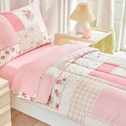 Joyreap 4 Piece Cotton Toddler Bedding Set- Pink Flower Plaids Patchwork Design, Toddler Comforter Set for Girls, Includes Quilted Comforter, Fitted Sheet, Top Sheet, and Pillow Case