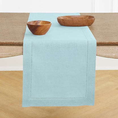 Solino Home Linen Aqua Blue Table Runner 90 Inches Long - 100% Pure Linen Hemstitch 14 x 90 Inch Table Runner for Dining, New Year - Classic Hemstitch
