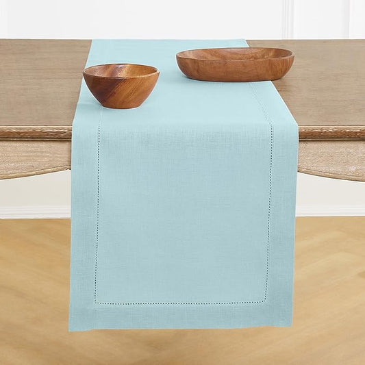 Solino Home Linen Aqua Blue Table Runner 120 Inches Long - 100% Pure Linen Hemstitch 14 x 120 Inch Table Runner for Dining, New Year - Classic Hemstitch
