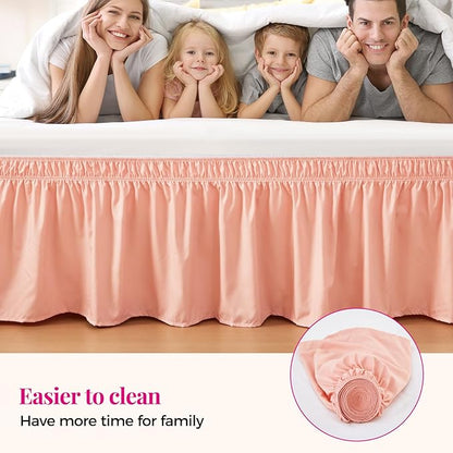 RIMELA Peachy Coral Bed Skirt Queen Size 18 Inch Drop, Elastic Bed Skirting for Bed Base and Frame, Bedding Dust Ruffle Easy to Install, Wrap Around Adjustable Bedskirt