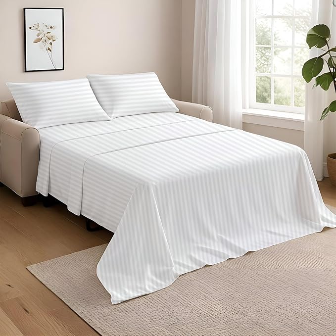 NON Sticky cotton Full Size Sleeper Sofa Sheets, 4 Piece Egyptian Cotton Bed Sheet Set for Sofa Bed, 7" Deep Pocket for Pull Out Couch Mattress, 54" x 75", White Stripe, Soft & Breathable