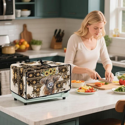 Convection Toaster Oven Cover with Pockets, Easy to Clean, Smart Microwave Baking Oven Dust Cover for Countertop, L, Aztec Highland Cow Sunflower Tribal Pattern