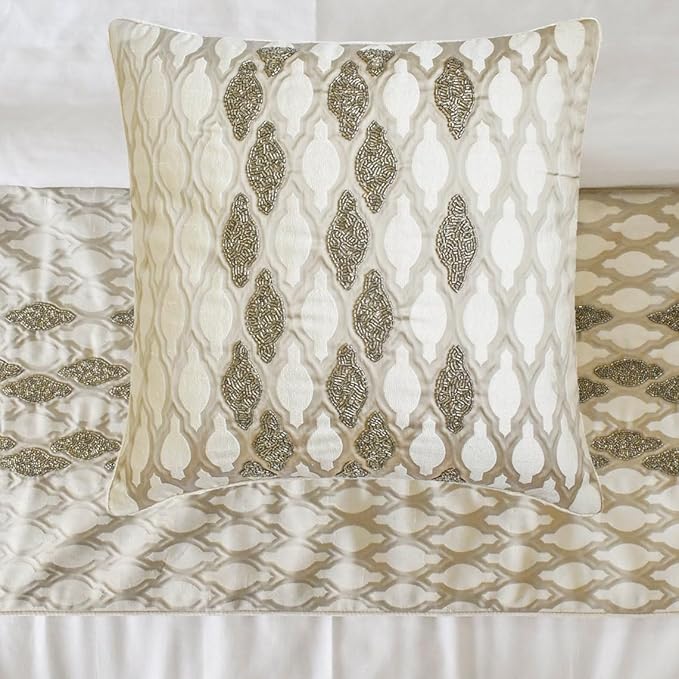 The HomeCentric King/Queen/Twin Ivory Decorative King 90"x18" Bed Runner with Two Pillow Cover, Bead Hand Embroidery Bed Scarf on Jacquard Fabric - Priscilla Dazzle