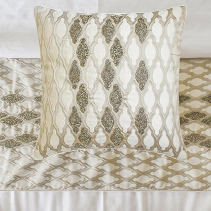 The HomeCentric King/Queen/Twin Ivory Decorative Full 68"x18" Bed Runner with One Pillow Cover, Bead Hand Embroidery Bed Scarf on Jacquard Fabric - Priscilla Dazzle