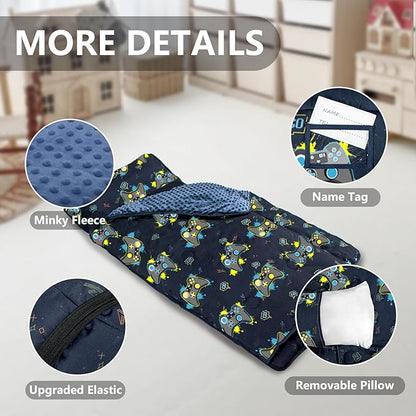 Primlect Thickened Toddler Nap Mat with Removable Pillow and Minky Blanket, Extra Large 55''x35'' Sleeping Bag, Washable, Roll up, Perfect for Daycare, Preschool, Kindergarten, Boys and Girls