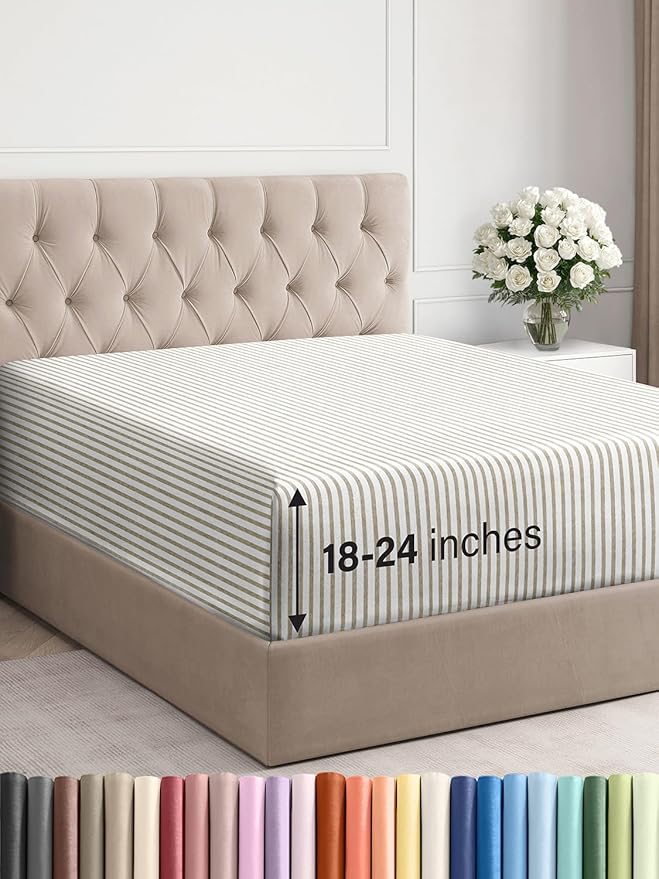Extra Deep Cal King Fitted Sheet - Hotel Luxury Single Fitted Sheet Only - Easily Fits 18 inch to 24 inch Mattress - Ultra Soft, Wrinkle Free w/Extra Deep Pockets - Breathable & Comfy - Beige Stripes
