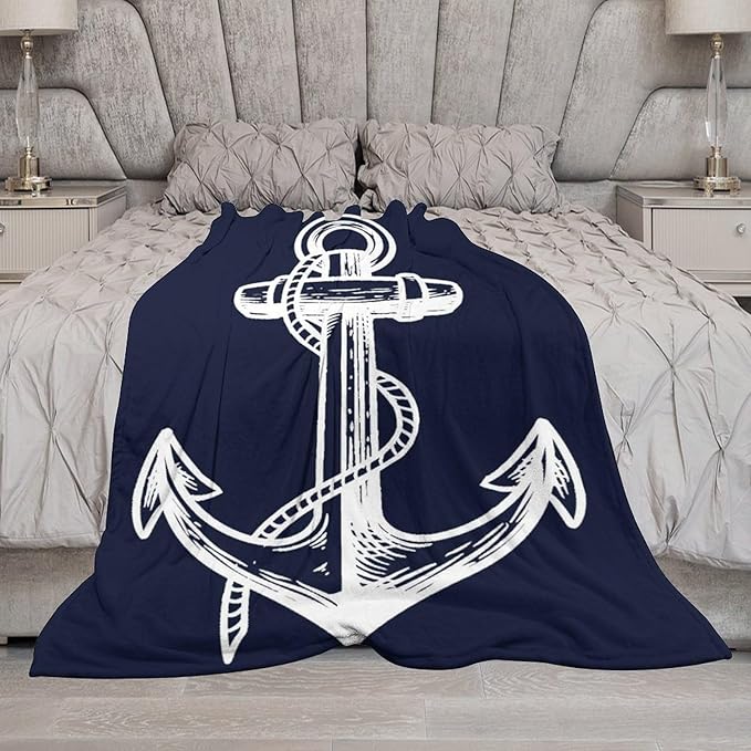 Anchor Blanket Retro Abstract Nautical Navy Blue White Soft Cozy Lightweight Throw Blanket for Kids Girls Boys Women Men Bedroom Living Room Dorm Chair Sofa Travel 70x80in