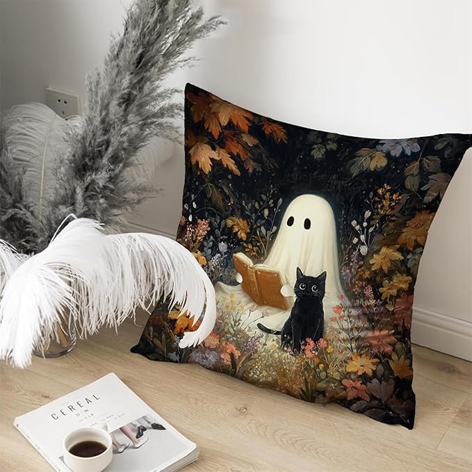 Vintage Floral Throw Pillow Covers, Vintage Flower Pattern Double Sided Cushion Cover, Indoor and Outdoor Home Art Decor Pillowcase for Sofa or Bedroom Decor 18x18inches (Ghost&Cat, 18x18inches)