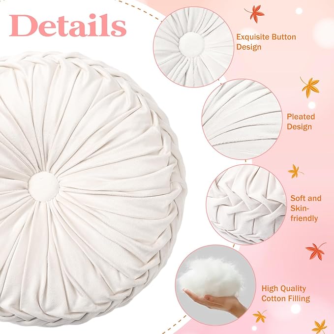 2 Pcs Round Throw Pillows 15 Inch Decorative Velvet Pleated Pumpkin Floor Boho Pillows for Living Room Couch Chair Bed Sofa (Ivory)