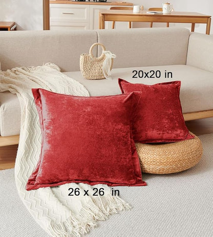 Luxurious Velvet Euro Shams Decorative Throw Pillow Covers 26x26 Set of 2 Solid Square Euro Pillow Shams for Sofa Couch Bedroom, Red