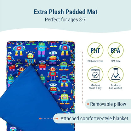 Wildkin Kids Original Nap Mat – Cozy Kids Sleep Mat with Pillow, Ideal for School & Travel - Robots
