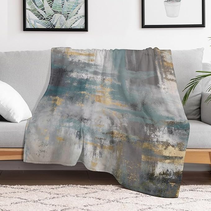 Fashion Gradient Blanket, Modern Art Baroque Gold Grey Green Painting Strokes Pattern Soft Warm Cozy Plush Flannel Covers for Livingroom Bedroom Couch Chair Camping Travel Home Decor Tapestry 50x60in