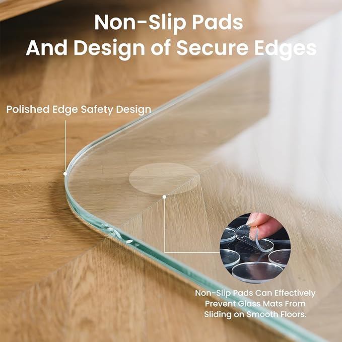 Tempered Glass Chair Mat, 48" x 31" Glass Office Chair Mat, 1/5" Thick Clear Floor Mat with Anti-Slip Pads, Heavy Duty Glass Mat for Carpeted and Hard Floor