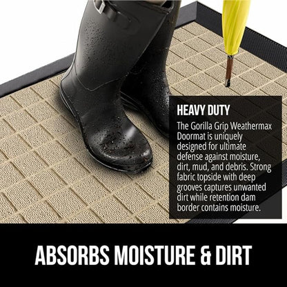 GORILLA GRIP 100% Waterproof All-Season WeatherMax Doormat US Designed Natural Rubber, Stain and Fade Resistant, Low Profile Indoor Outdoor Door Mats, Easy Clean Patio Mat, 17x29, Taupe Grid