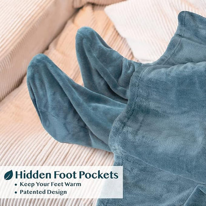 PAVILIA Fleece Blanket with Sleeves, Foot Pockets for Women Men Adults, Plush Wearable Blanket Throw Wrap, Warm Snuggle Blanket Robe, Cozy Gift Ideas Wife Mom, Dusty Blue