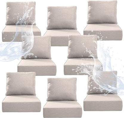 6" Thicker Outdoor Chair Cushion 8 Sets - 24" *24" *6" Waterproof Patio Furniture Cushions with Removable Cover, 28D High Density Sponge Filling Thicken Outdoor Patio Cushions - Beige