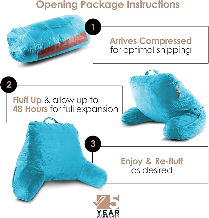 Nestl Reading Pillow with Shredded Memory Foam, Designed for Sitting Up in Bed and Couch, Back and Arms Adjustable Support for Adult & Teens Backrest Pillows for Reading, Washable Cover, Bright Blue