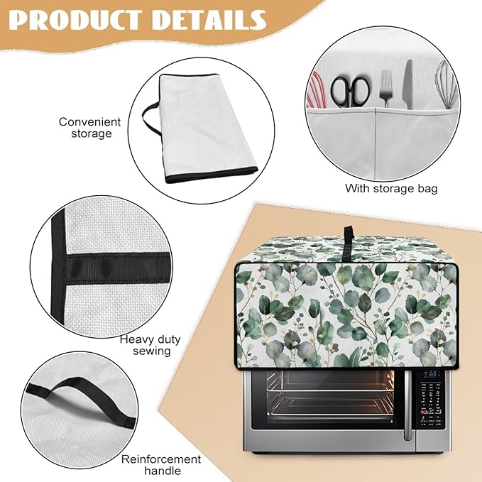 Toaster Oven Cover with Side Pockets, Dustproof Smart Microwave Convection Oven Cover with Handle, for Kitchen Decor, M, 16.5 x 20.5 x 10 Inches, Eucalyptus Leaves Green White