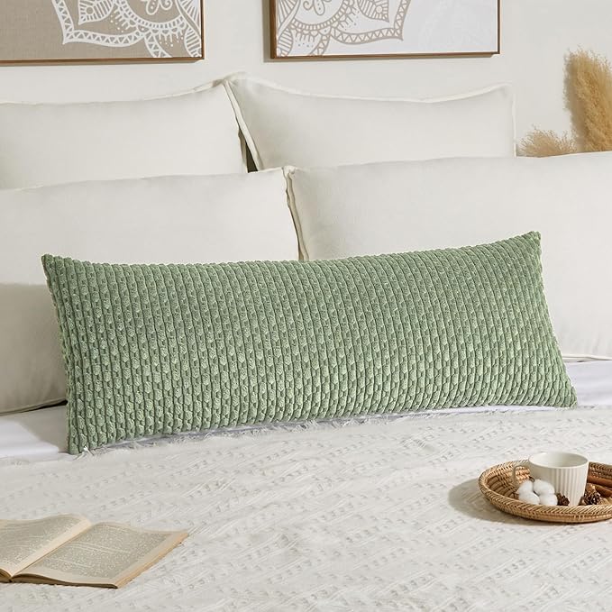 Kevin Textile 20x54 Inch Long Body Lumbar 1 Pack Boho Decorative Throw Pillow Cover Soft Striped Corduroy Rectangle Cushion Case Farmhouse Accent for Living Room Couch Sofa Bed, Sage Green