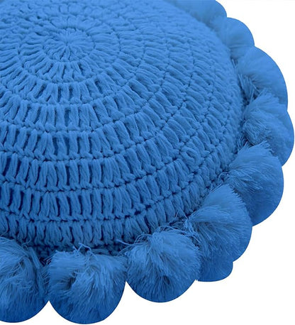 Boho Round Throw Pillow with Cute Handmade Pom Poms Tassels 18 Inch, Decorative Circular Knitted Crochet Cushion for Couch, Sofa, Chair, Bed, Blue