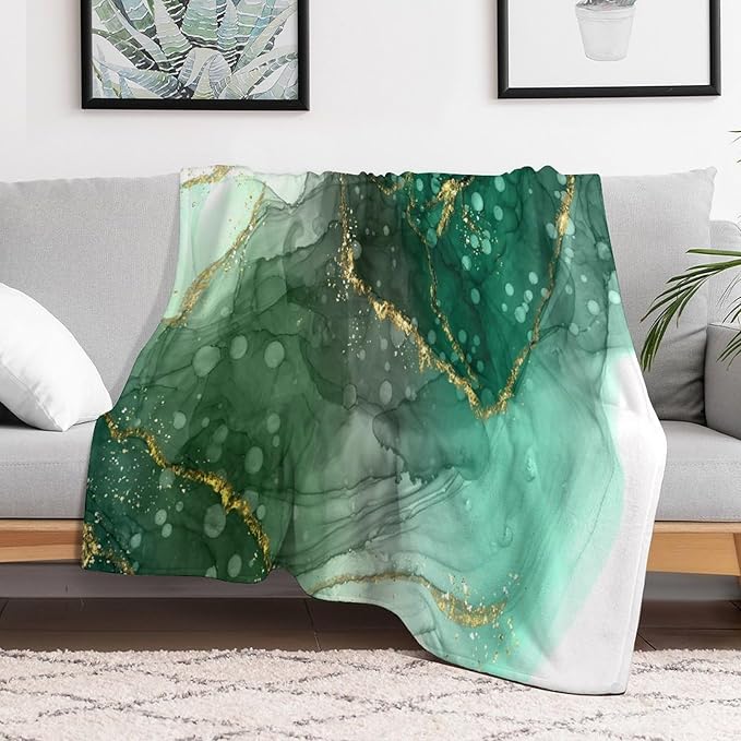 Modern Marble Blanket, Abstract Luxury Baroque Golden Lake Green Stone Veins Pattern Soft Warm Cozy Plush Flannel Covers for Livingroom Bedroom Couch Chair Camping Travel Home Decor Tapestry 50x60in