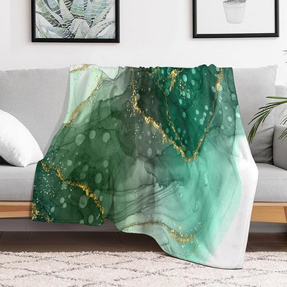 Modern Marble Blanket, Abstract Luxury Baroque Golden Lake Green Stone Veins Pattern Soft Warm Cozy Plush Flannel Covers for Livingroom Bedroom Couch Chair Camping Travel Home Decor Tapestry 50x60in