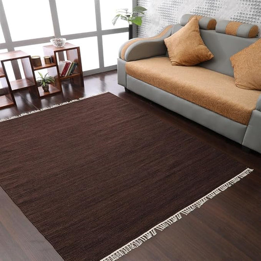 Rugsotic Carpets Hand Woven Flat Weave Kilim Wool ECO-Friendly Area Rugs - 10'x10', Square Shape, Dark Brown Color, Solid Plain Design, Low Pile Handmade Rugs for Living Room, Bed Room (D00111)