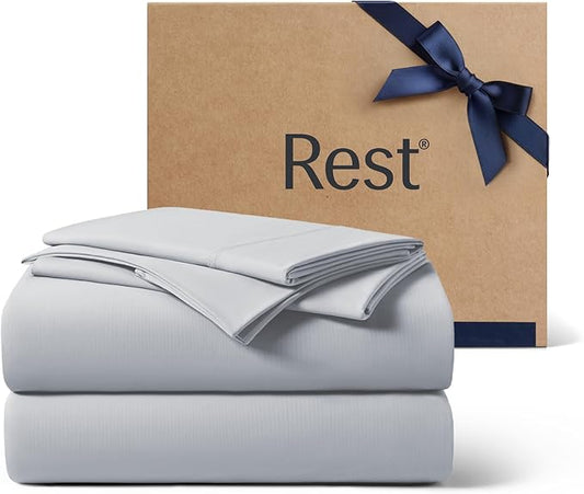 REST® Evercool®+ Cooling Sheet Set, Cali King Size, Light Gray, Breathable Bed Sheets for Hot Sleeper and Night Sweats, with Pillowcases, with Ionic+ Self-Cleaning Silver Yarn for Sensitive Skin, 4PCS