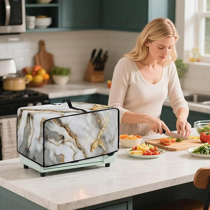 Toaster Oven Dust Cover with Storage Pockets, Protective Decorative Smart Oven Cover for for Kitchen Countertop, M, 16.5 x 20.5 x 10 inches, White Gold Gray Marble