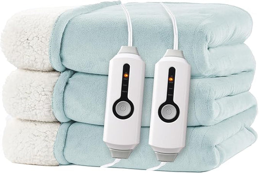 Electric Heated Blanket Queen Size 84"x90" - Dual-Sided with Microplush & Sherpa Fabric, 4 Heat Settings & 10 Hours Auto Off, Dual Controller, Machine Washable - Spring Green